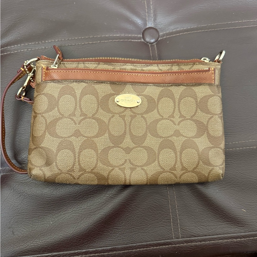 Coach Brown Monogram Wristlet with Gold Accents